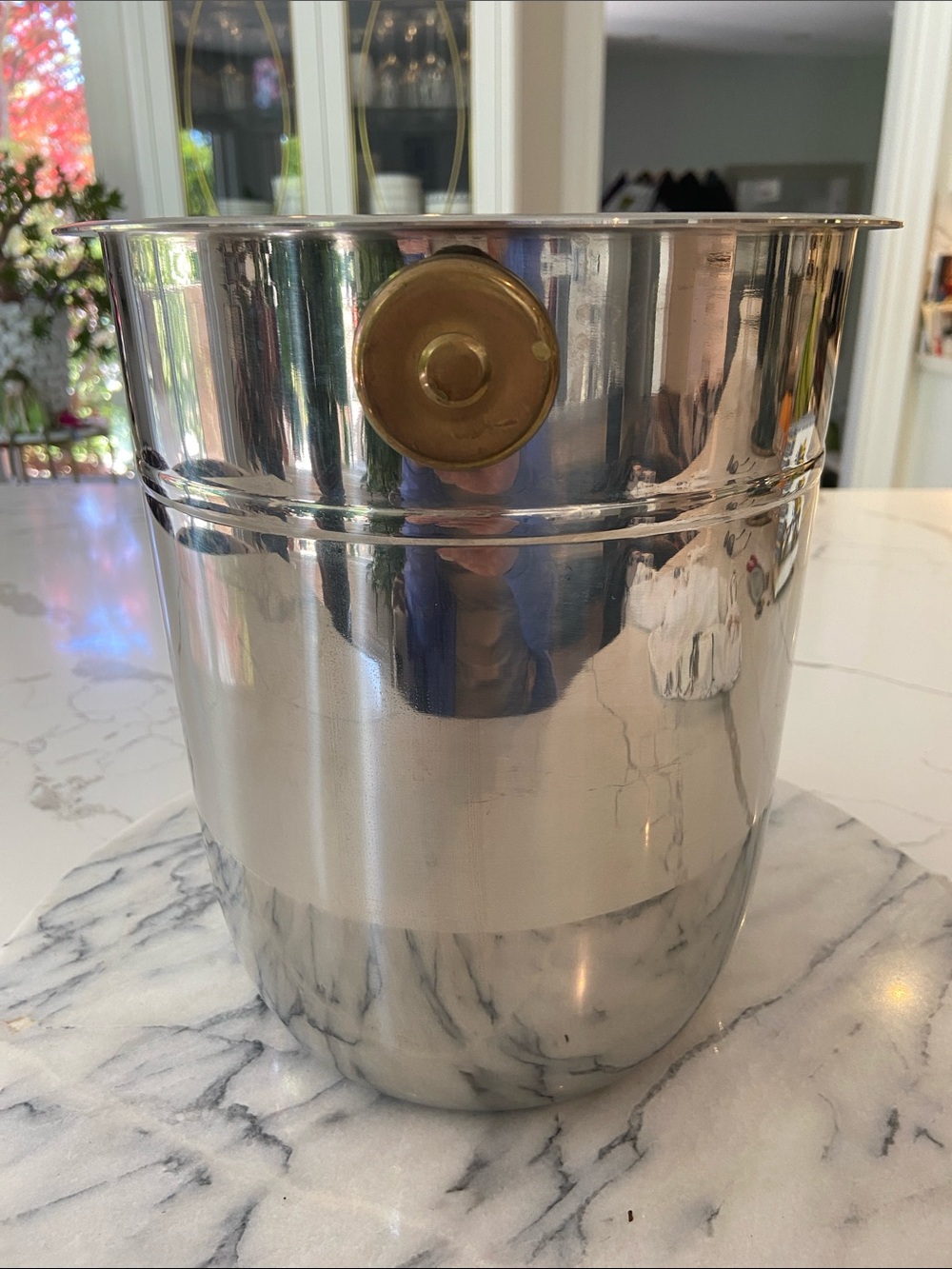 Vintage Stainless Steel Wine/Champagne Bucket Cooler with Antiqued Gold Handles